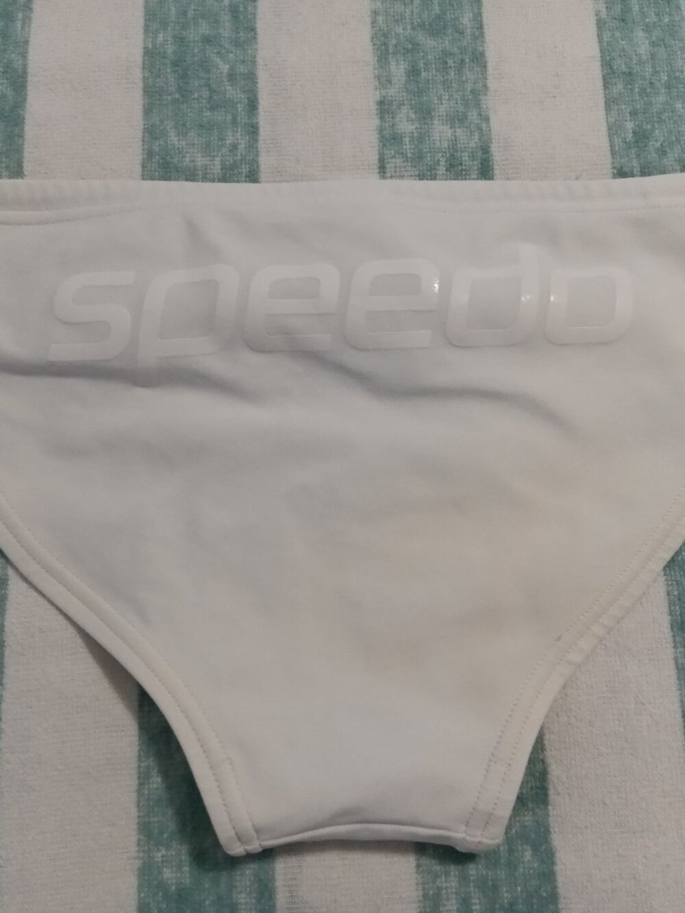 (*) RARE SPEEDO 1.5" WHITE ON WHITE SWIM BRIEF, Est'ed 32" - Pre-Owned